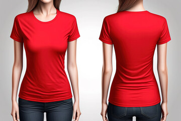 Photo realistic woman red t-shirts with copy space, front and back view. Created with Generative AI Technology