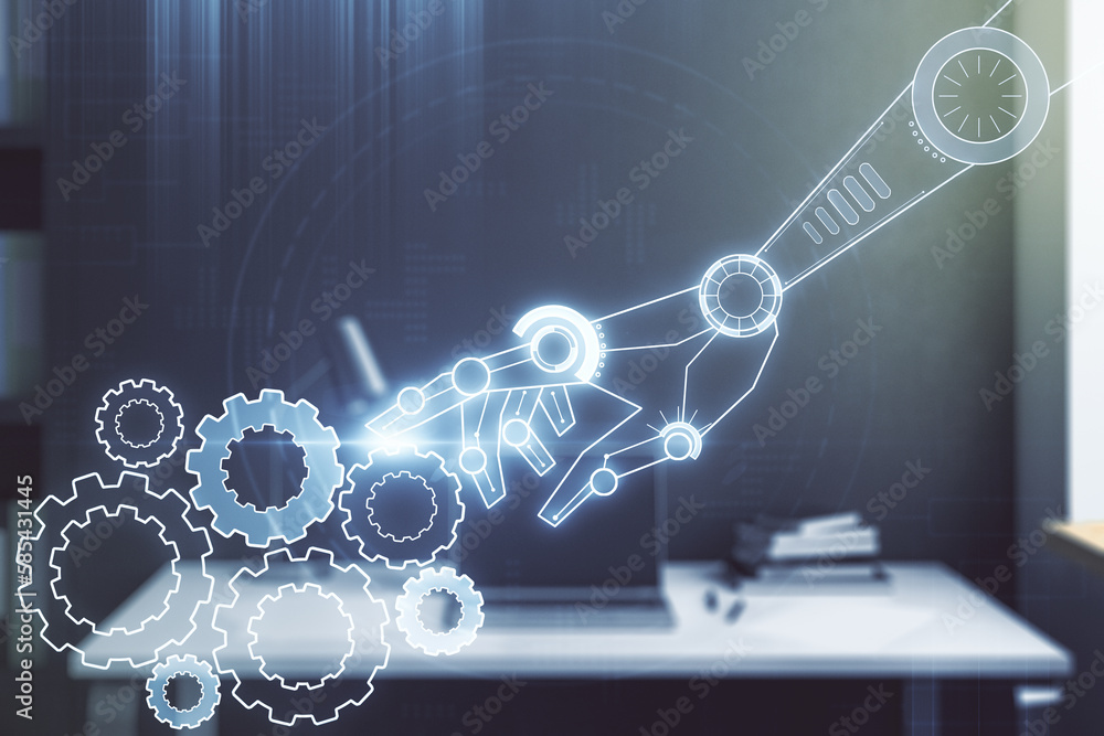Fototapete double exposure of robotics technology hologram and modern desktop with laptop on background. resear