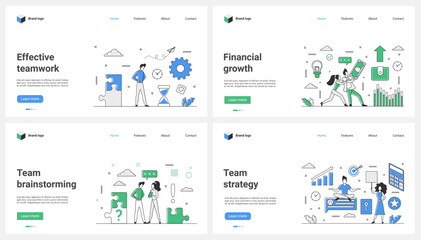 Fototapeta na wymiar Effective teamwork, brainstorm and strategy organization for financial growth set vector illustration. Cartoon tiny people work with projects and data reports, workflow and methodology of developers