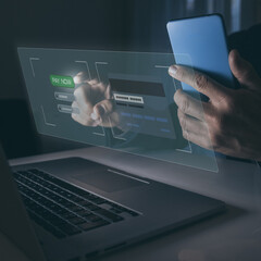 Man using application on smartphone, shopping and payment online. New tech banking service concept