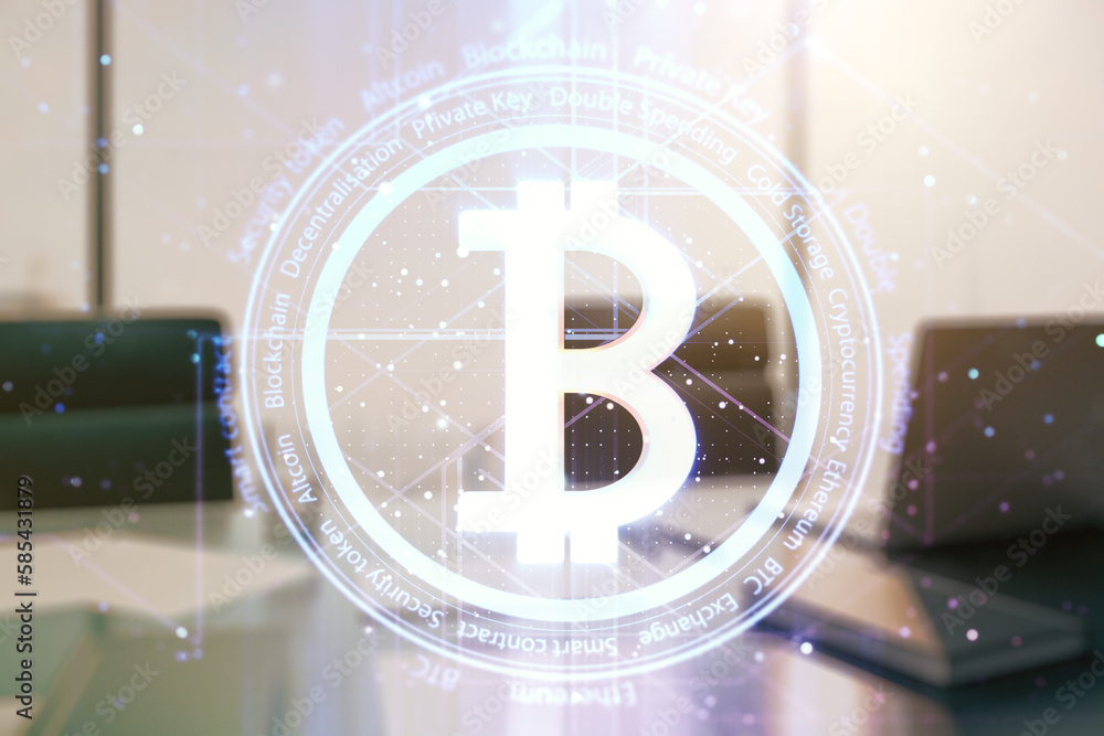 Poster creative bitcoin concept and modern desktop with computer on background. multiexposure