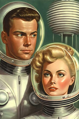 vintage sci-fi painting of male and female astronauts in helmets on alien planet, created with generative ai