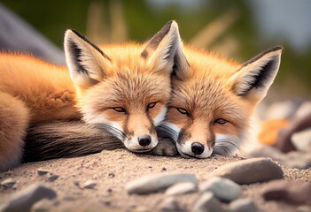 Fototapeta premium Wild baby red foxes cuddling at the beach, June 2020, Nova Scotia, Canada. Generative AI