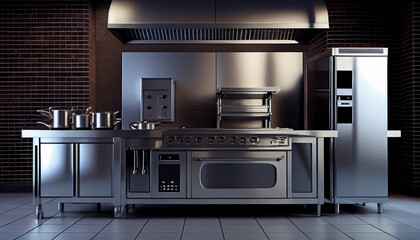 Fototapeta premium Professional kitchen, view counter in stainless steel.