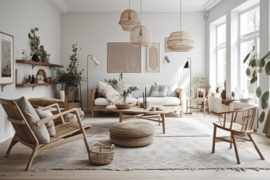 Scandinavian home design, light living room with neutral wooden furnishings,. Generative AI