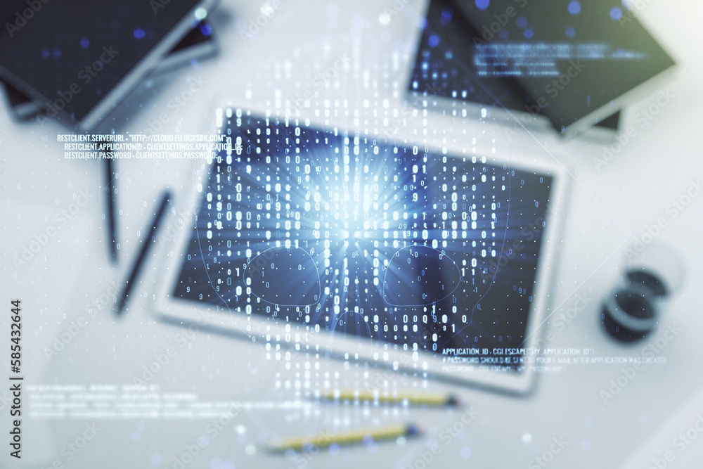 Aufkleber double exposure of creative code skull hologram and digital tablet on background, top view. malware 