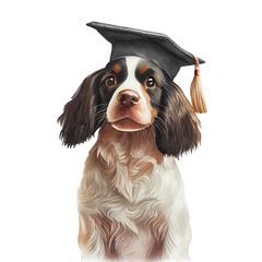 Dog in graduation cap. Cute english spaniel graduating college or high school. Watercolor illustration created with Generative Ai technology