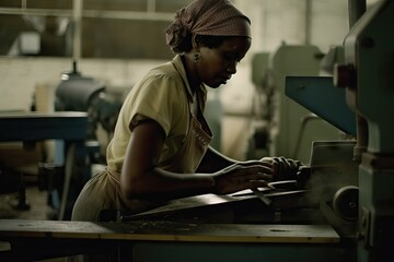 Determined Black woman factory worker operating industrial machine