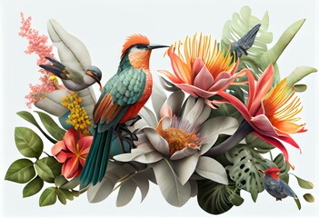 Arrangement of Tropical flowers and plants, with colorful birds, and coral, on an isolated White Background
Generative AI
