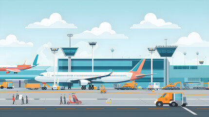 Image of a busy airport runway, with planes taking off and landing, ground crew managing the planes, and airport equipment moving around