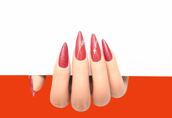Female hand wih perfect stiletto manicure holding white paper. Template for postcard or advertising...