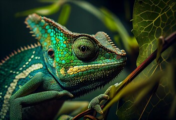 Green colored chameleon close up. Generative AI