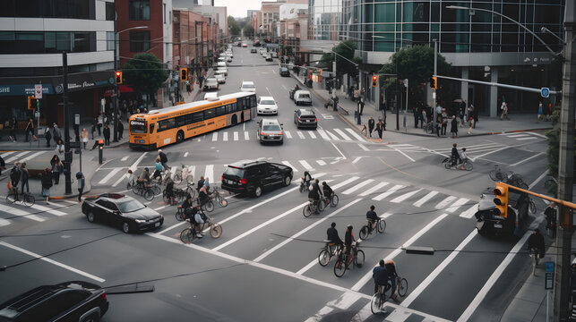 Image of a busy urban intersection, with cars, buses, and bicycles rushing past each other, and pedestrians crossing the street.