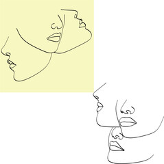 Three women face minimalist illustrations. Silhouette with pastel decor. One line drawing.