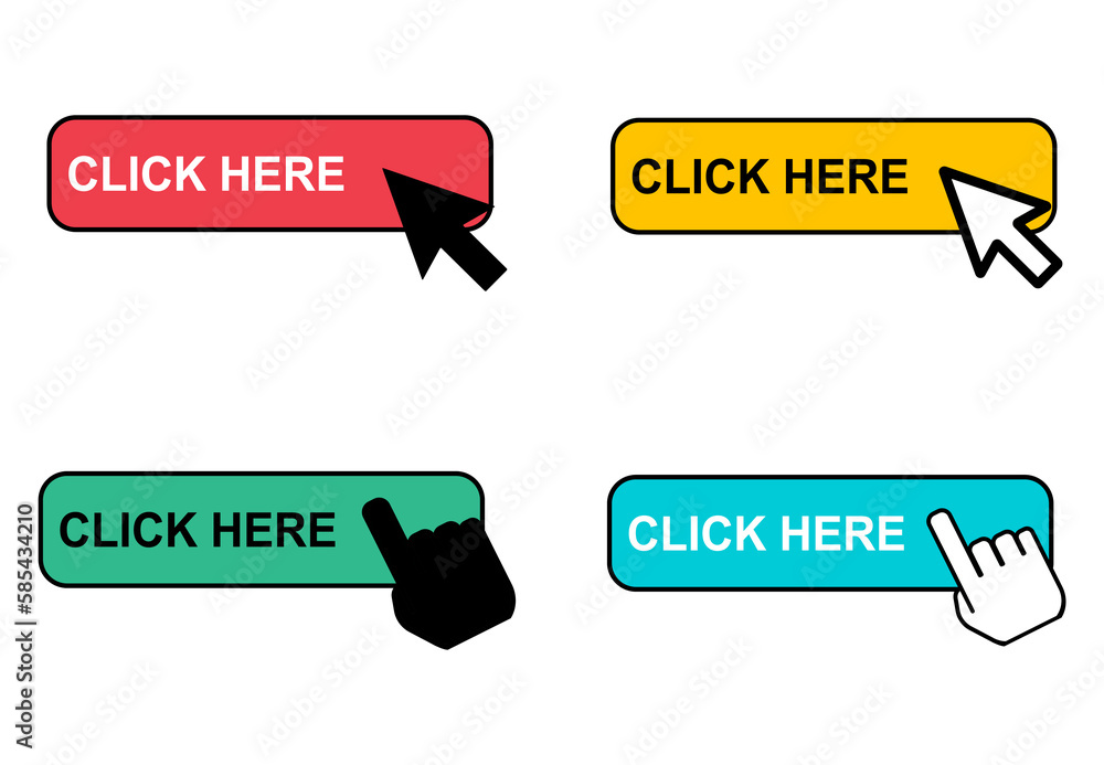 Aufkleber set of click here web button, internet flat pointer design, press link vector illustration