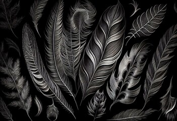 Hand painted drawn pencil sketch with lot of ordered monochrome black and white bird feathers quills as seamless endless pattern for print wrapper, fabric, invitations in boho style.On. Generative AI