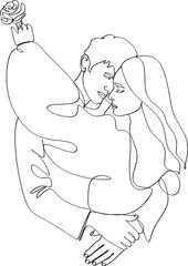 Line art of a kissing couple. Line drawing of a man and a woman in love. Valentine's Day minimalistic modern card illustration. Wedding logo. Romantic postcard. Love concept. Fall in love.