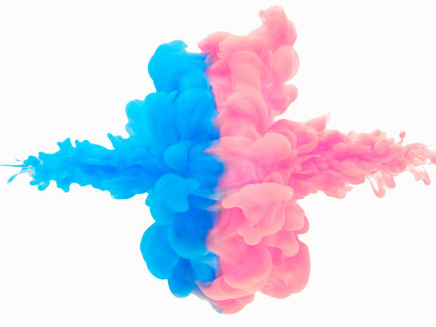 水中で衝突する絵の具 , 青とピンク2 , 白背景