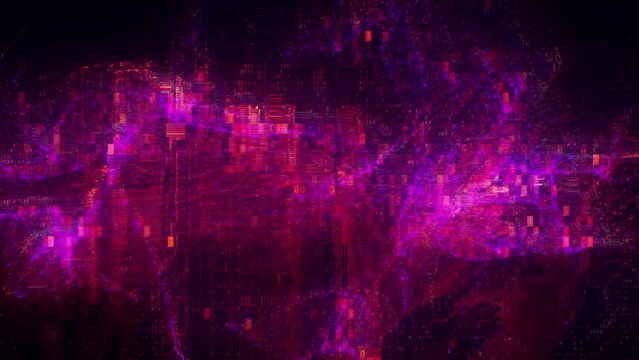 Red and purple abstract digital code. Concept 3D animation loop background as artificial intelligence video gaming overlay with network cyber security hex code for landing page and banner showcase