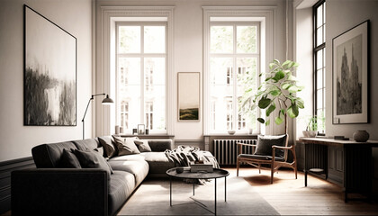 Fototapeta na wymiar A living room with a large sofa and a large window with a plant on it, generative ai