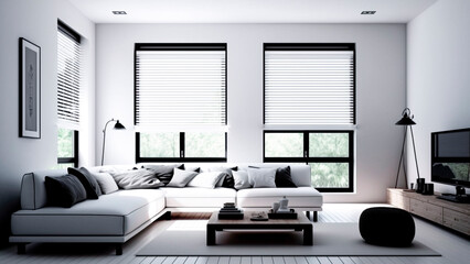 Fototapeta premium Modern Room with White Sofa and Black Window Blinds. Minimalist Interior, Elegant House.