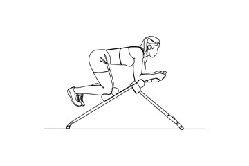Continuous one-line drawing a woman builds abdominal muscle with fitness equipment. Fitness activity concept. Single line drawing design graphic vector illustration