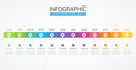 Business infographic design template. 12 Months Timeline diagram calendar with modern icons, presentations, workflow layout, process diagram, flow chart, info graph. Vector Infographics.