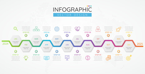 Infographic template for business. 12 Months Timeline diagram calendar with modern icons, presentations, workflow layout, process diagram, flow chart, info graph. Vector Infographics.