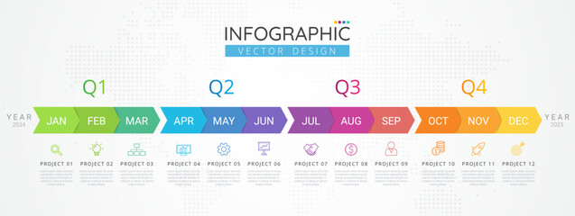 Infographic template for business. 12 Months Timeline diagram calendar with modern icons, presentations, workflow layout, process diagram, flow chart. Vector Infographics for business concept.