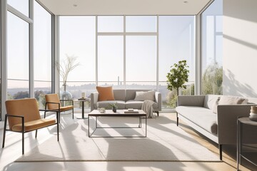 Fototapeta na wymiar Bright and airy living room with floor-to-ceiling windows and minimal furniture