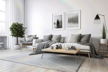 Bright and airy Scandinavian living room with white walls