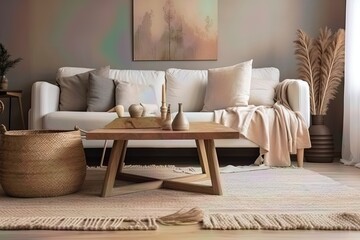 Fototapeta na wymiar Neutral living room with warm tones and natural textures, such as a woven rug or wooden coffee table