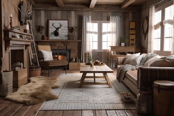 Rustic farmhouse living room with distressed wood furniture, warm earth tones, and cozy textiles such as a plaid throw or fur rug 4