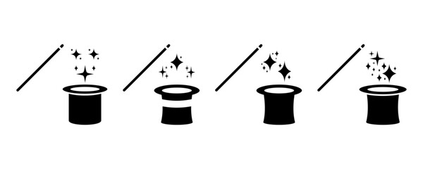 Set of magic hat with wand and stars vector icons. Wizard show. Vector 10 Eps.