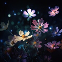 Mystic Magic: Flowers Against a Starry, Dark Background, Generative AI
