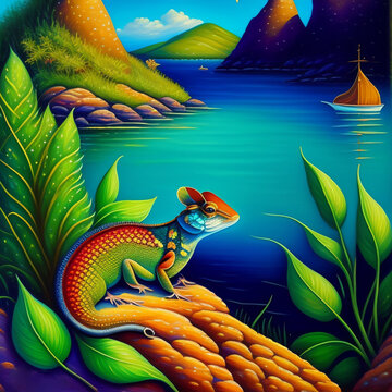 Virgin islands dwarf gecko on the rocks, background lake, created with Generative AI technology