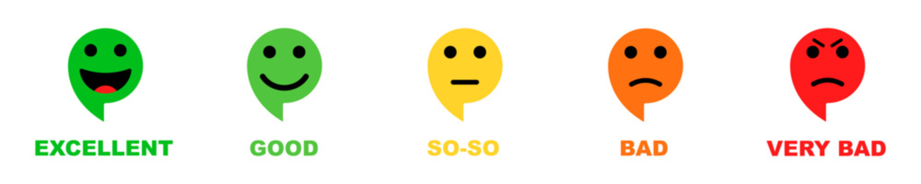 Set of rating scale vector icons. Feedback excellent, good, so-so and bad. Green, yellow, orange and red rating face. Vector 10 Eps.