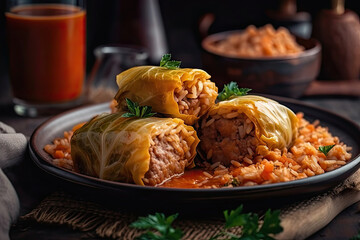 Cabbage rolls with meat, rice and vegetables. Stuffed cabbage leaves with meat Generative AI