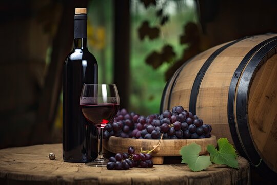 Wine Lovers Rejoice! Red Wine, Barrels, and Bottles of Wine with a Bunch of Grapes, Generative AI
