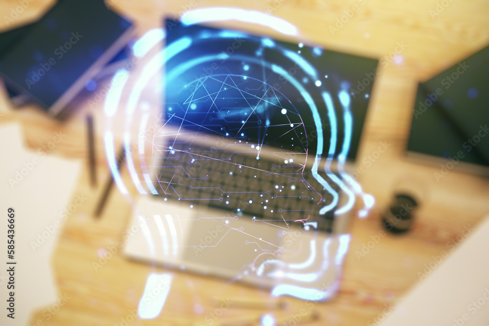 Aufkleber Creative artificial Intelligence concept with human head sketch on modern computer background. Double exposure