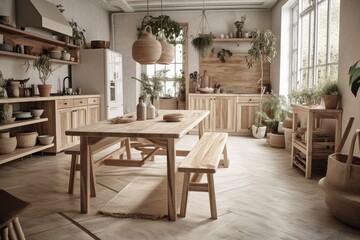 Fototapeta na wymiar White beige wooden rustic kitchen. Carpet, dining table, appliances. Scandinavian bohemian decor,. Generative AI