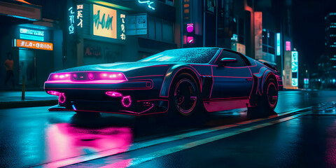 Sleek retrowave car with neon lights illuminating on the city streets, Generative AI