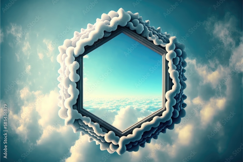 Poster frame made with white cloud in the sky in hexagon shape. concept of fantasy luxurious window. finest