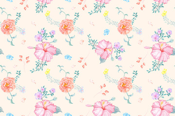 Seamless orange rose bouquet on a dark blue background.Flower painting with watercolors for Warper and fabric design.Style hibiscus flowers and beautiful plants.