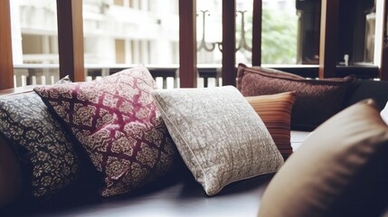 Close-up of beige earth tone pillow cushion set arrange on sofa couch in living room interior design home sweet home ideas concept, image ai generate