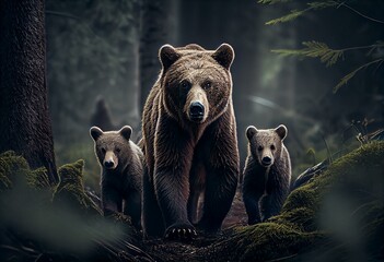 bear with cubs walk through dense forest in wild. Generative AI