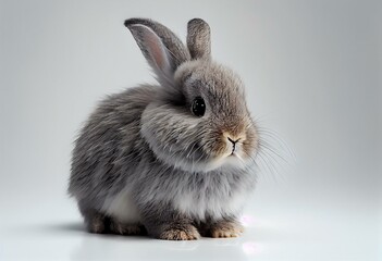 Obraz premium Funny bunny or baby rabbit fur gray with long ears is standing for Easter Day on isolated white background. Generative AI