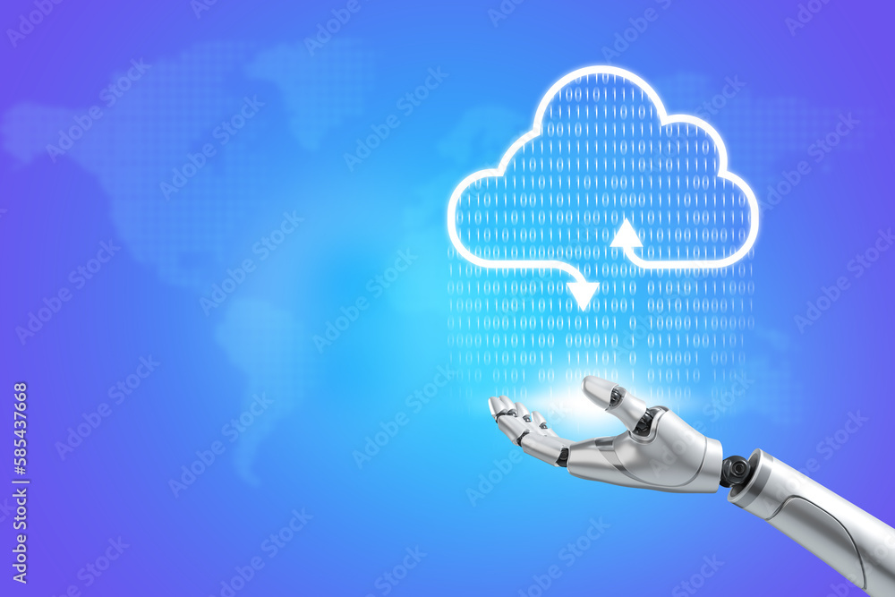 Poster cloud technology robot hand showing cloud connection technology