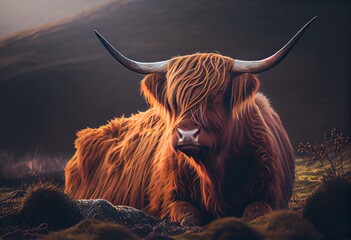 scottish highland cow. Generative AI - obrazy, fototapety, plakaty