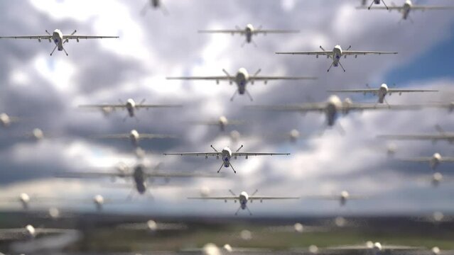 Armada of military drones flying against the backdrop of a beautiful cloudy sky.